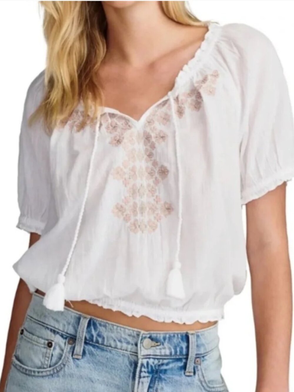 Lucky Brand Bohemian Off-Shoulder White Blouse with Pink Embroidery Size Large